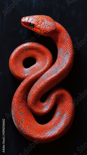 Bright red snake coiled on dark background showcasing vibrant scales and unique patterns in a close-up view photo