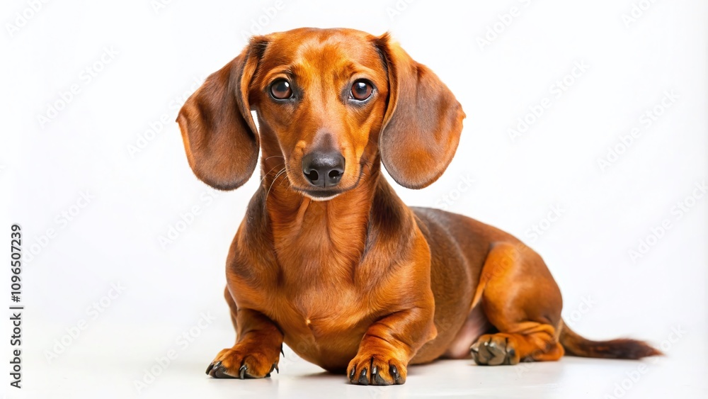 Adorable Brown Dachshund Posing on a White Background - Perfect for Pet Lovers and Dog Enthusiasts, Capturing the Charm of This Playful Breed in a Studio Setting