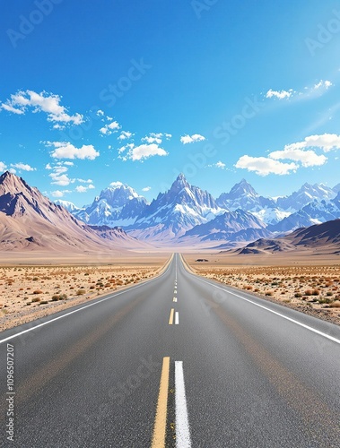 A sweeping vista of empty highway asphalt stretching across a vast, open landscape with towering mountain peaks in the distance and a brilliant blue sky above, nature, highway, serenity, scenery photo