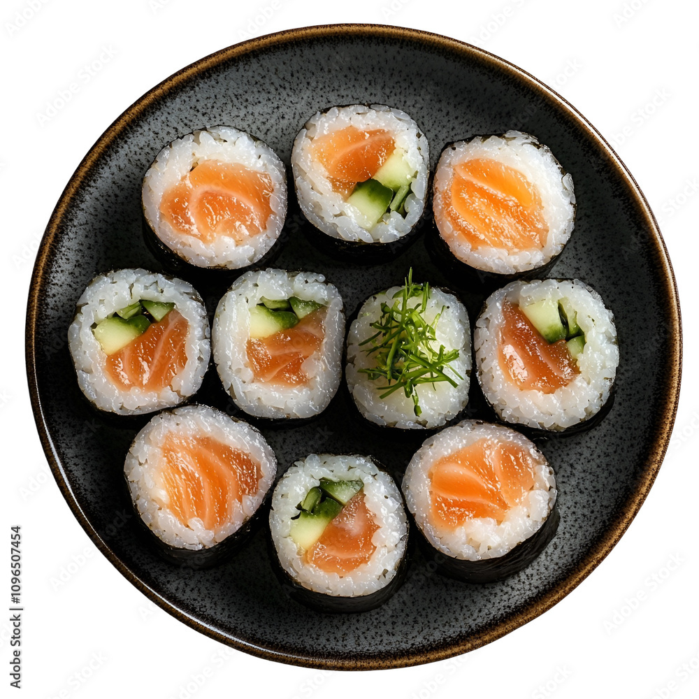 Extreme top view close up of hyperrealistic kampyo maki on a dark porcelain platter isolated on a white transparent background Extreme top view close up of hyperrealistic kampyo maki on a dark porcelain platter isolated on a white transparent background