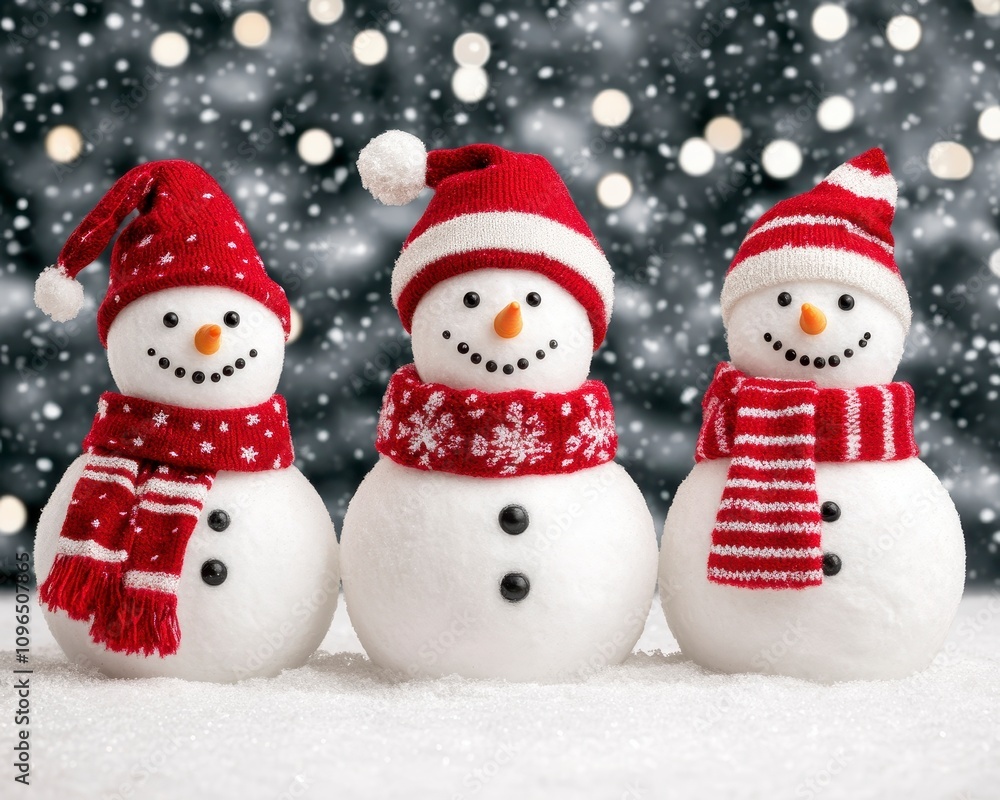 Three snowmen in red hats and scarves against a bokeh background. Three snowmen in red hats and scarves against a bokeh background.