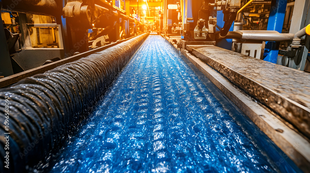 Industrial Conveyor Belt with Blue Liquid Flowing Industrial Conveyor Belt with Blue Liquid Flowing