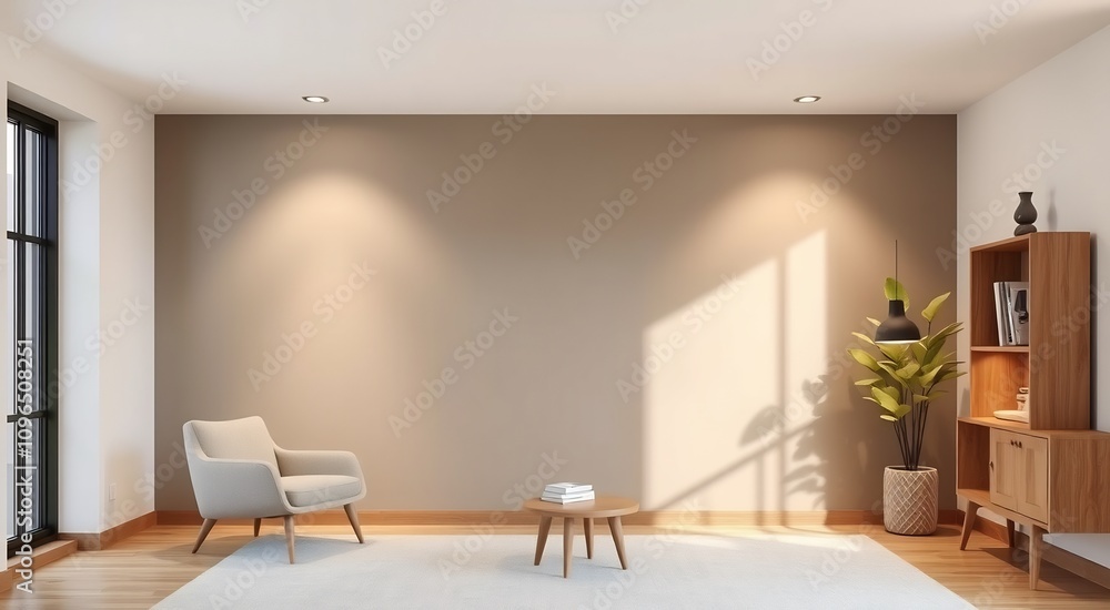 Modern living room interior with a beige armchair, coffee table, and wooden bookshelf. Modern living room interior with a beige armchair, coffee table, and wooden bookshelf.