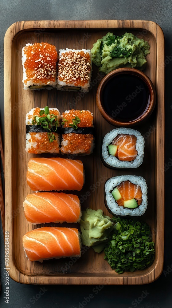 A Stunning Sushi Platter Displaying a Variety of Fresh Rolls and Seafood Delights A Stunning Sushi Platter Displaying a Variety of Fresh Rolls and Seafood Delights