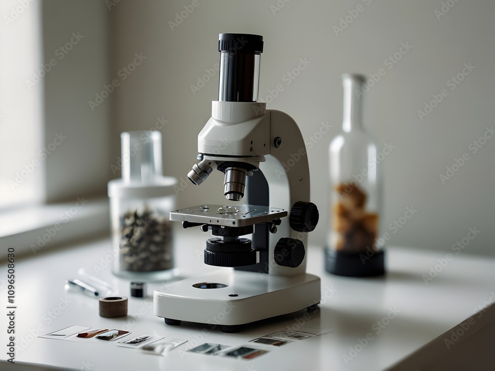 Microscope and Glass Slides on White Table Microscope and Glass Slides on White Table