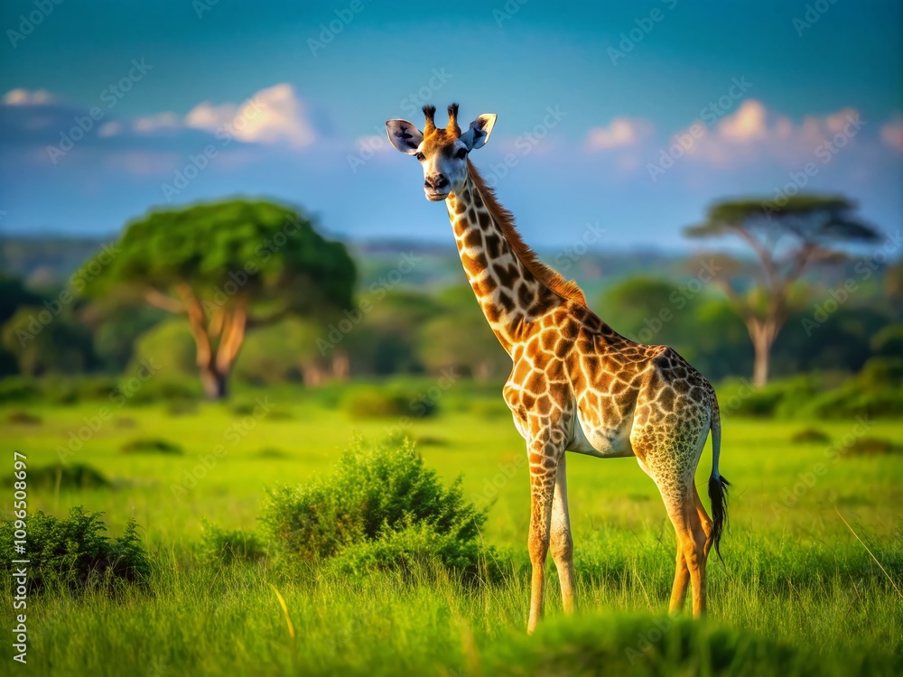 Obraz premium Adorable Giraffe Calf Standing Gracefully in a Natural Habitat with Lush Greenery and Copy Space for Text, Perfect for Wildlife and Nature Photography Needs