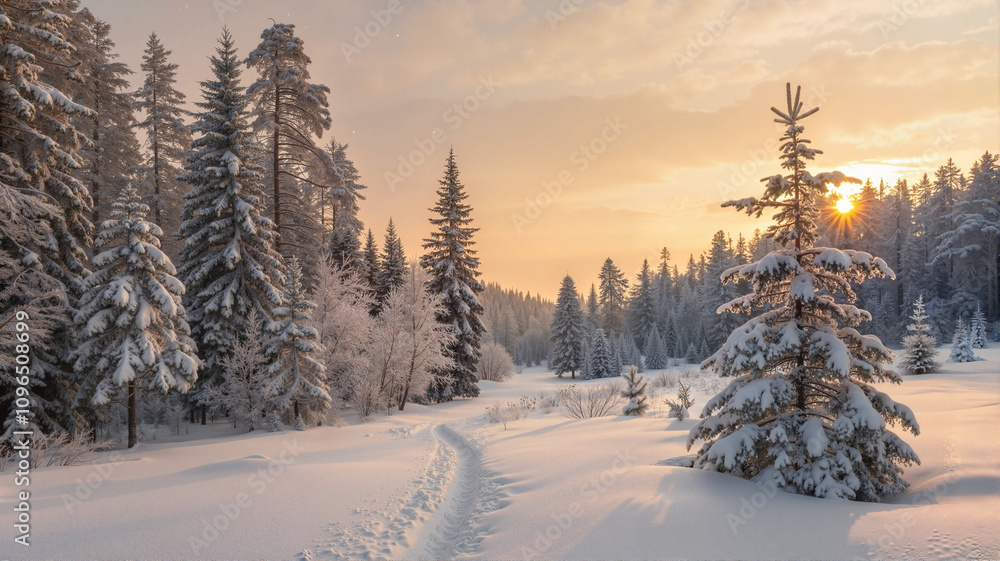 Obraz premium Winter forest path with snow-covered trees