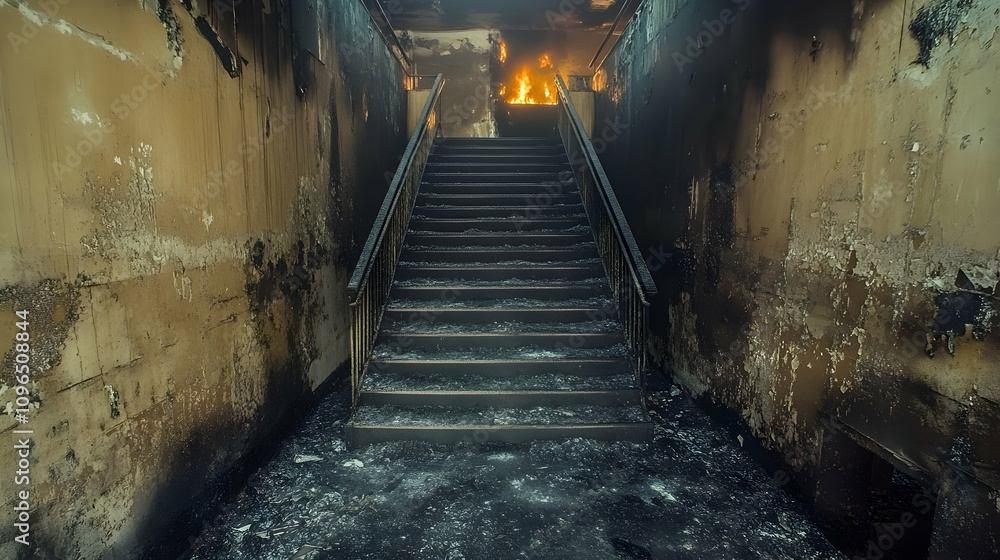 Fire-Damaged Staircase Leading to Burning Room Fire-Damaged Staircase Leading to Burning Room
