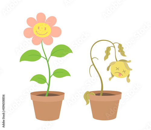 happy and sad cartoon potted flower character. Include wilted and dried plants