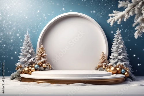 White podium with fir trees and falling snow. Display for winter holidays, New Year and Christmas product presentation
