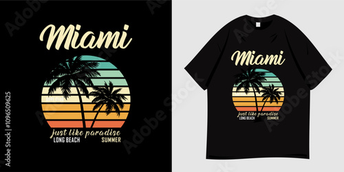 Miami beach graphic t-shirt design. Summer clothing vector illustration with palm tree silhouette and sun symbol. Ready to print for t-shirts, apparel, tees, clothing and fashion.