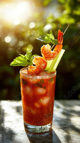 Refreshing Bloody Mary cocktail garnished with shrimp and celery, perfect for summer gatherings. vibrant colors and fresh ingredients create inviting drink experience