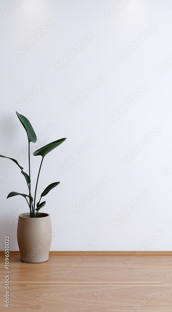 Minimalist interior with a plant in a pot on wooden floor and white wall. Minimalist interior with a plant in a pot on wooden floor and white wall.