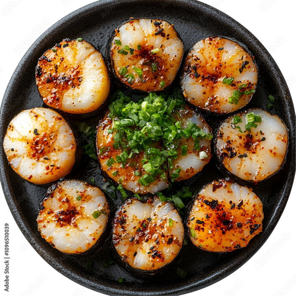 Extreme top view close up of hyperrealistic spicy scallop roll on a dark clay platter isolated on a white transparent background Extreme top view close up of hyperrealistic spicy scallop roll on a dark clay platter isolated on a white transparent background