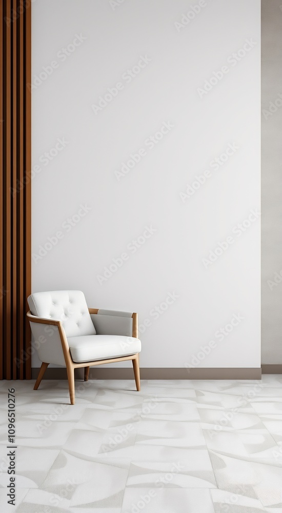 White armchair in a minimalist living room with wooden panel and patterned floor. White armchair in a minimalist living room with wooden panel and patterned floor.