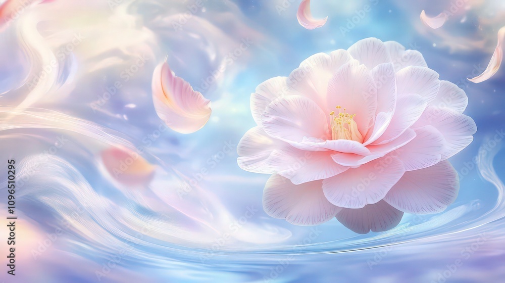 A large, soft pink camellia flower floating on a dreamy background of swirling pastel blues and purples, with petals falling gracefully in the air. A large, soft pink camellia flower floating on a dreamy background of swirling pastel blues and purples, with petals falling gracefully in the air.