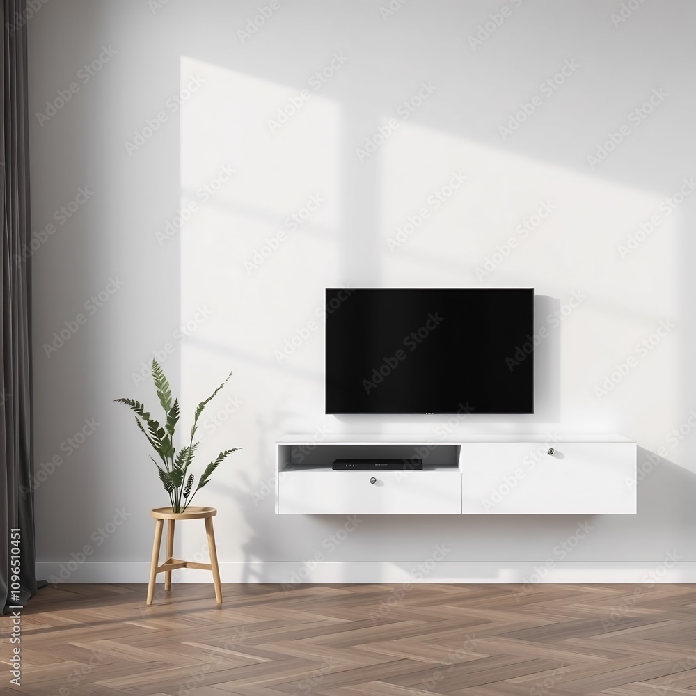 Modern living room interior with flat screen tv on a white wall mounted shelf. Modern living room interior with flat screen tv on a white wall mounted shelf.