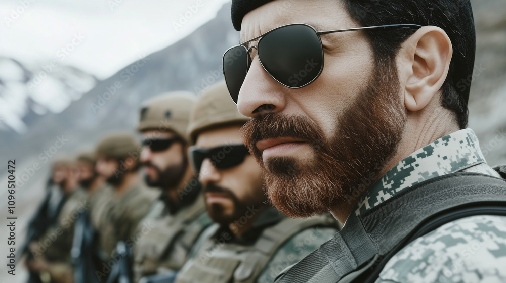 Modern Soldiers in Tactical Gear With Sunglasses Stand Resolute Against a Dramatic Mountain Backdrop in an Agile Readiness Posture