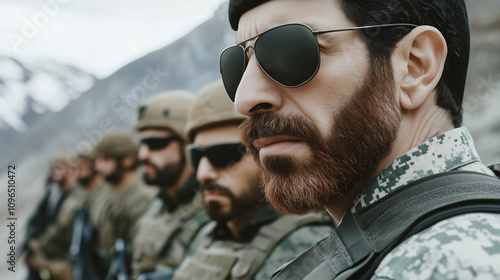Obraz na płótnie Modern Soldiers in Tactical Gear With Sunglasses Stand Resolute Against a Dramatic Mountain Backdrop in an Agile Readiness Posture w salonie