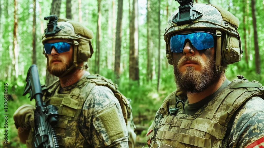 Modern Soldiers in Tactical Gear Surveying the Forested Landscape With Determination and Focus Under the Midday Sun