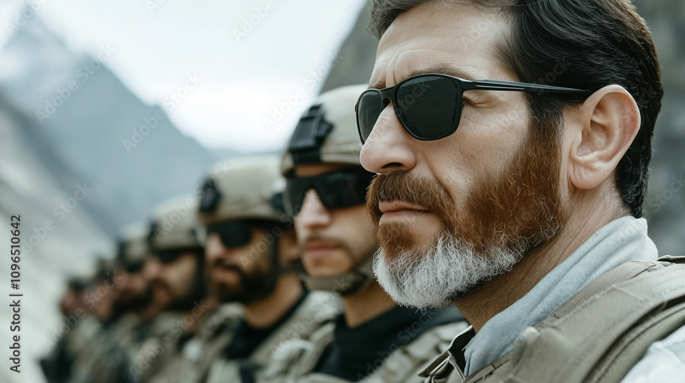 United in Focus, Modern Soldiers Stand Vigilant With Sunglasses Under a Dramatic Mountain Backdrop