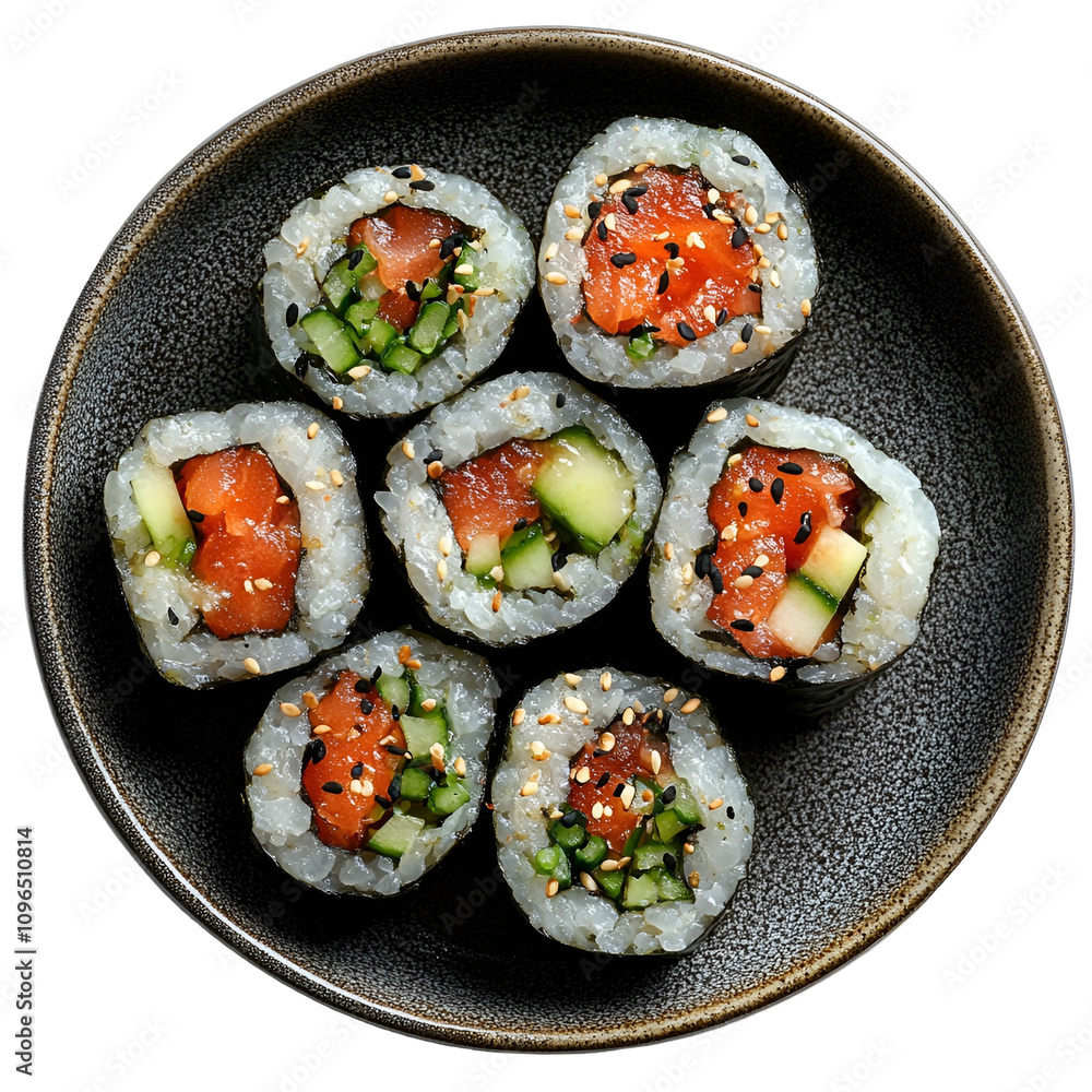 Extreme top view close up of hyperrealistic tekka maki on a dark earthenware plate isolated on a white transparent background Extreme top view close up of hyperrealistic tekka maki on a dark earthenware plate isolated on a white transparent background