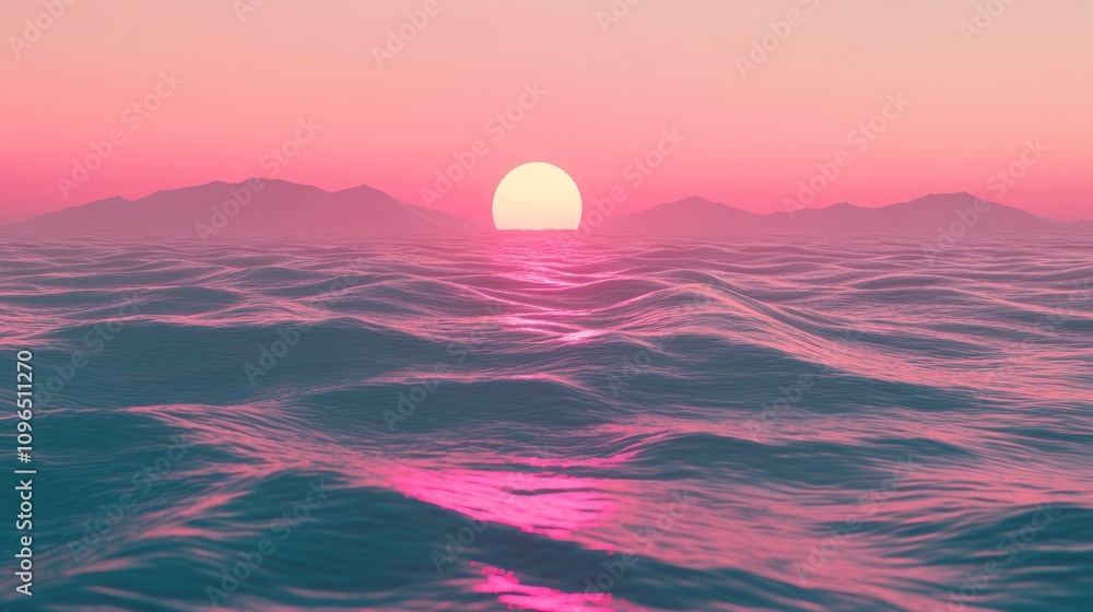 Fototapeta premium Pink Sunset Over the Ocean: A Serene Seascape