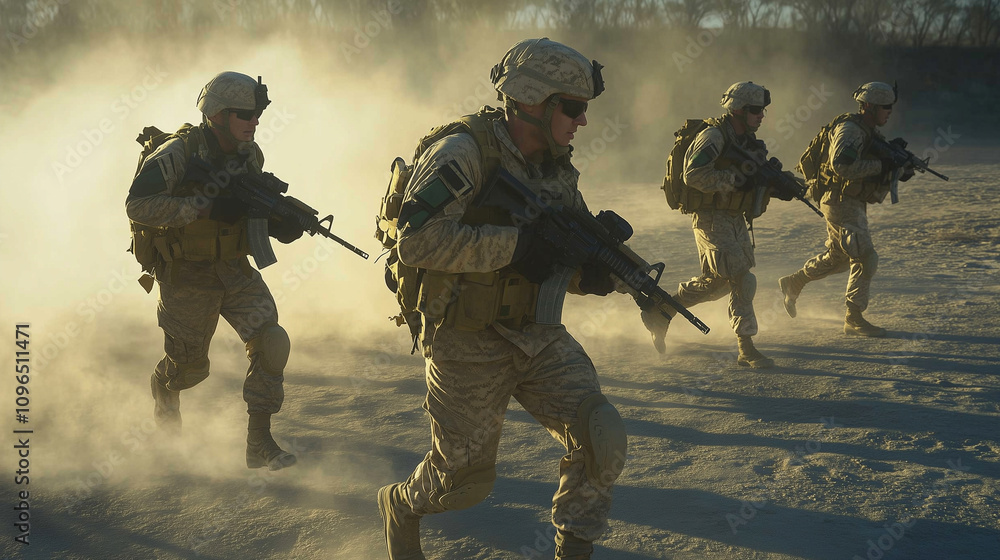Marching in Unison, Soldiers Display Discipline and Teamwork Against the Backdrop of a Dusty Sunset