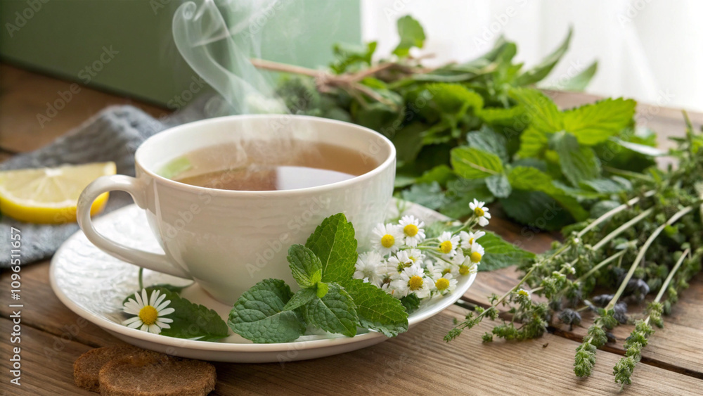 A steaming cup of detox tea surrounded by fresh herbs and leaves A steaming cup of detox tea surrounded by fresh herbs and leaves