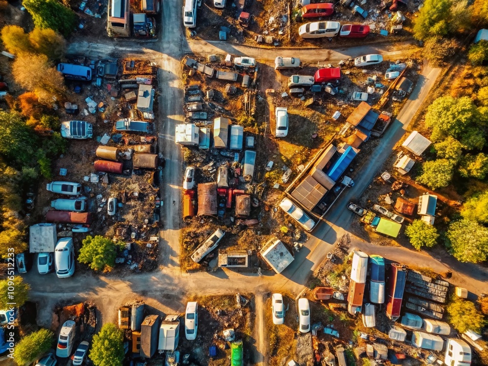 Aerial Drone Photography Captures the Chaos of an Open-Air Scrapyard with Abandoned Vehicles, Rusting Metals, and Discarded Machinery Underneath a Clear Blue Sky Aerial Drone Photography Captures the Chaos of an Open-Air Scrapyard with Abandoned Vehicles, Rusting Metals, and Discarded Machinery Underneath a Clear Blue Sky