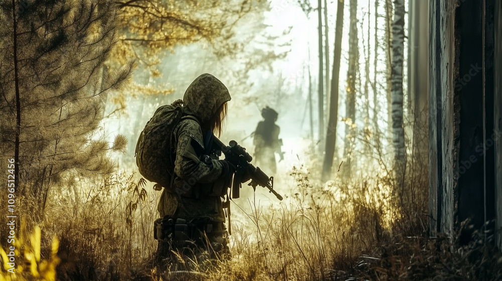 Modern Soldier Navigating the Misty Forest During a Challenging Wartime Operation