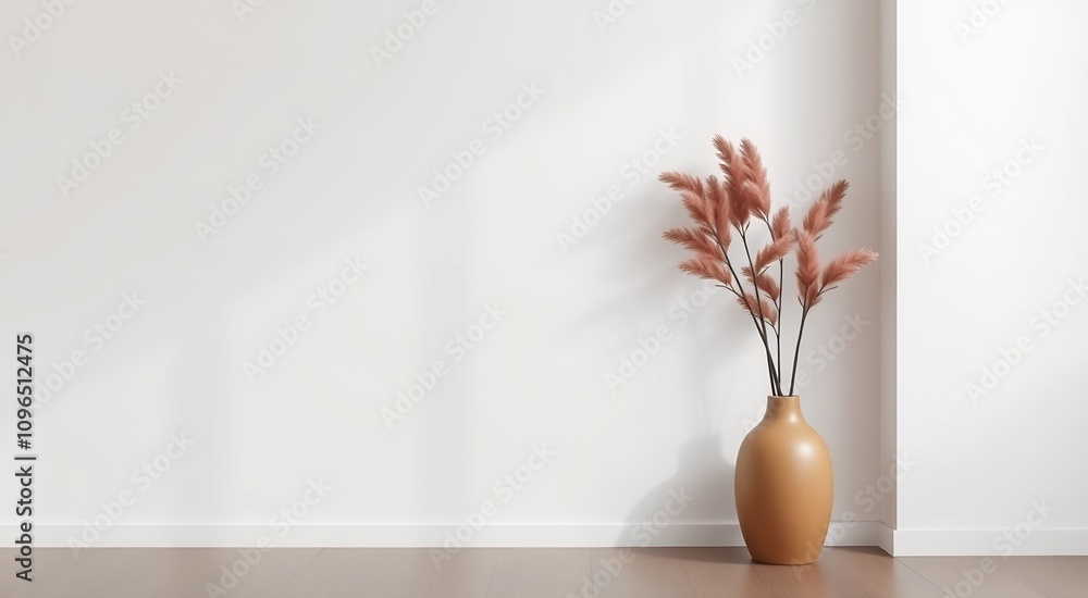 Simple interior design with pampas grass in a vase against a white wall. Simple interior design with pampas grass in a vase against a white wall.