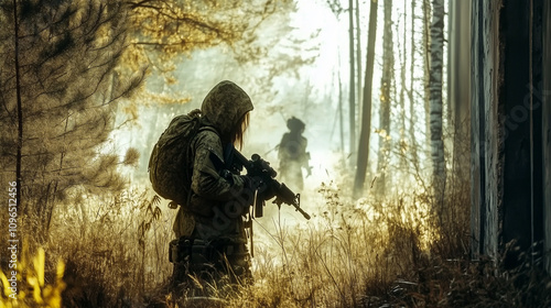 Obraz na płótnie Modern Soldier Navigating the Misty Forest During a Challenging Wartime Operation w salonie