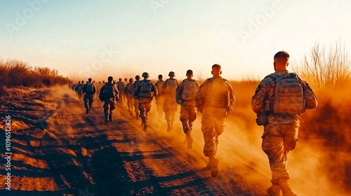 Obraz na płótnie Marching Soldiers Embody Discipline and Unity in a Dusty Landscape Under the Setting Sun w salonie