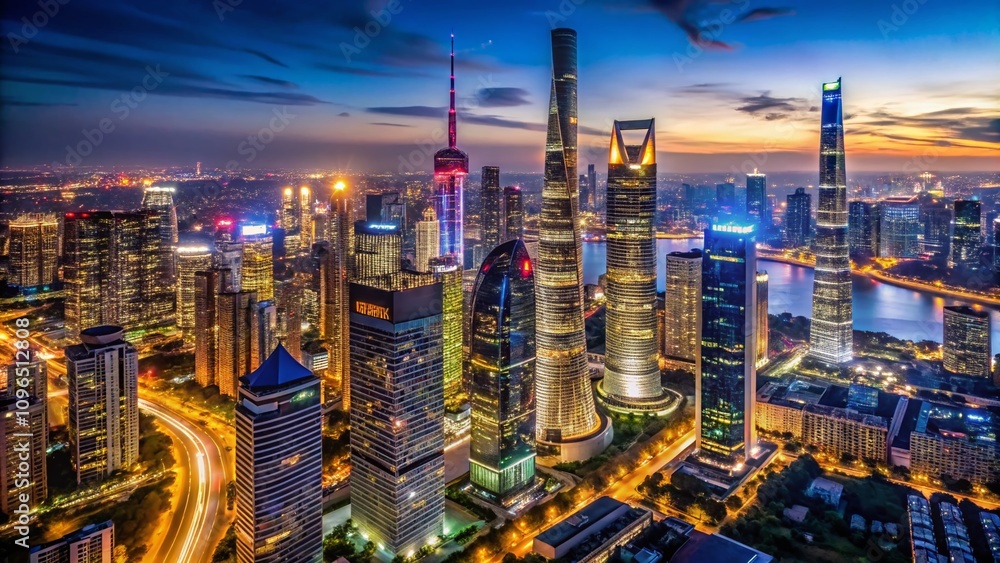 Fototapeta premium Aerial Night View of Shanghai's Financial District with Skyscrapers and High-Rise Buildings in a Smart City Landscape, Showcasing the Vibrant Lights of Asia's Urban Center