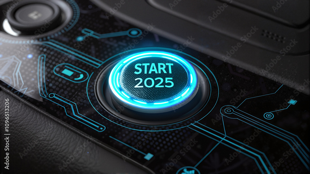 Start 2025 glowing interface on black panel Start 2025 glowing interface on black panel