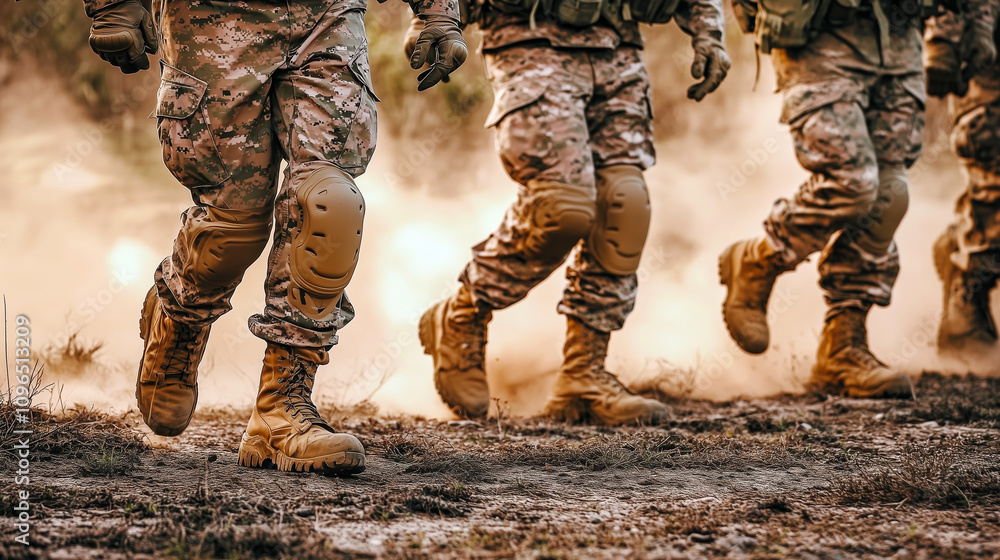 Marching Through Dust, Soldiers Exemplify Unity and Discipline in a Barren Landscape at Sunset