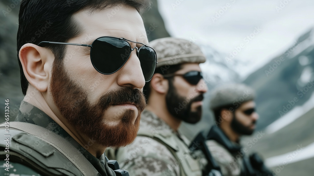 Portrait of Modern Soldiers Displaying Confidence and Camaraderie in Rugged Mountainous Terrain During a Mission