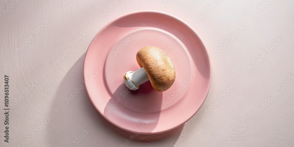 Aerial Photography of a Half of Champignon on a Pink Plate Centered on a White Table, Showcasing Healthy Eating and Vibrant Food Presentation from Above Aerial Photography of a Half of Champignon on a Pink Plate Centered on a White Table, Showcasing Healthy Eating and Vibrant Food Presentation from Above