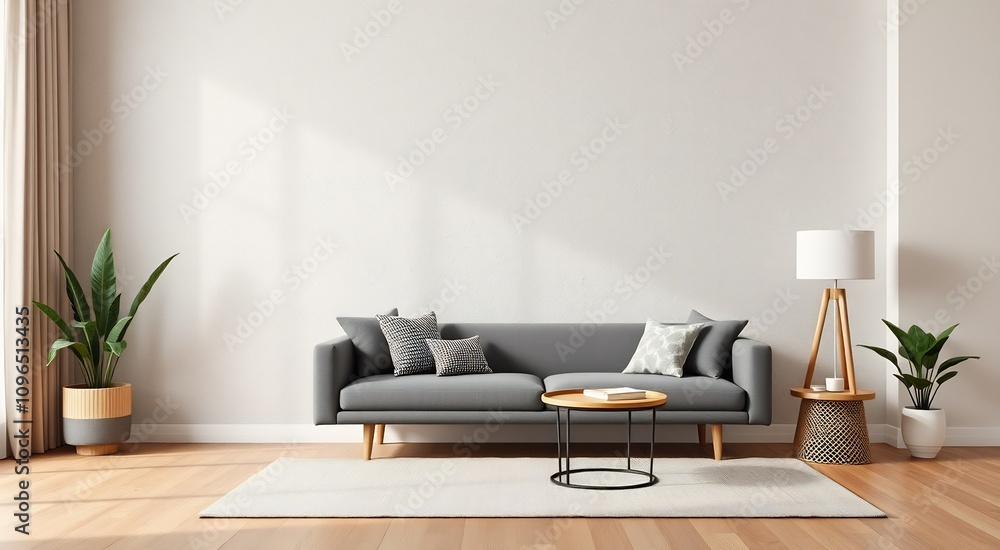 Grey sofa with white throw pillows and a coffee table in a living room with wooden floors and a white lamp. Grey sofa with white throw pillows and a coffee table in a living room with wooden floors and a white lamp.