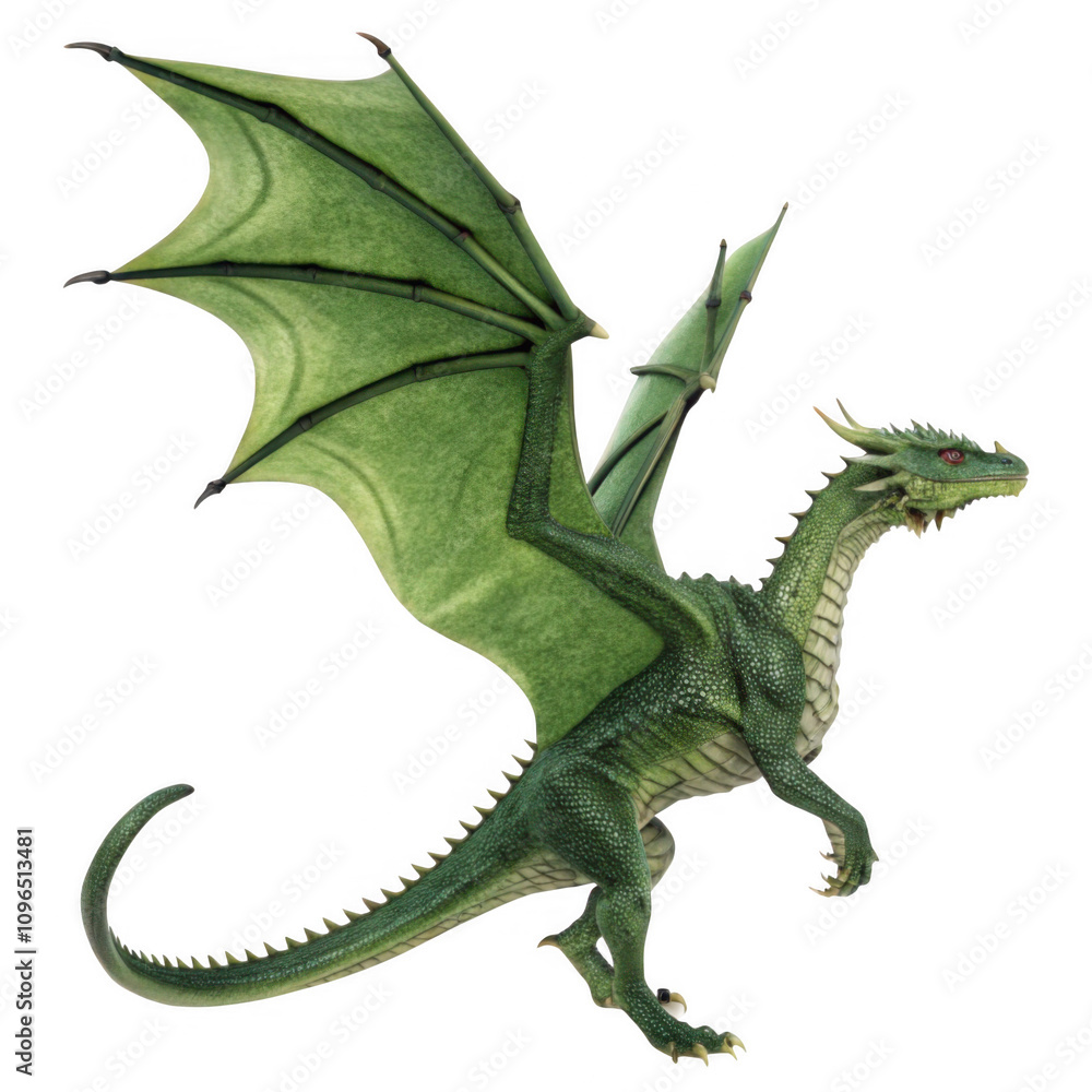 Fototapeta premium Green flying dragon, full length, isolated on a transparent background, png