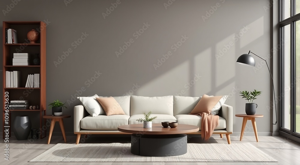 Modern living room with white couch, coffee table, rug, and bookshelf. Modern living room with white couch, coffee table, rug, and bookshelf.