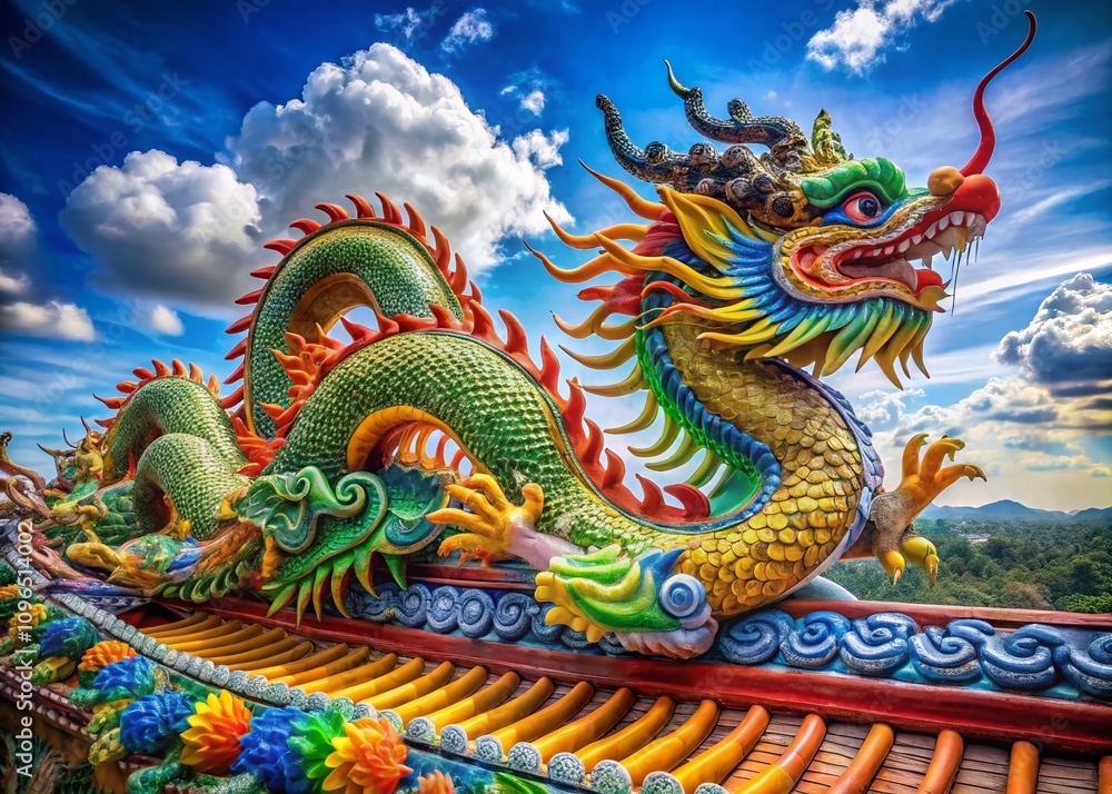 Aerial Photography of a Wide Panoramic View Showcasing a Colorful Chinese Dragon with Intricate Design Motifs in a Traditional Illustration Style Aerial Photography of a Wide Panoramic View Showcasing a Colorful Chinese Dragon with Intricate Design Motifs in a Traditional Illustration Style