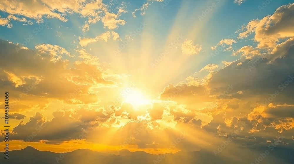 Vibrant sunset with sun rays breaking through clouds over mountains. Vibrant sunset with sun rays breaking through clouds over mountains.