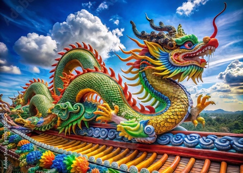 Wallpaper Mural Aerial Photography of a Wide Panoramic View Showcasing a Colorful Chinese Dragon with Intricate Design Motifs in a Traditional Illustration Style Torontodigital.ca