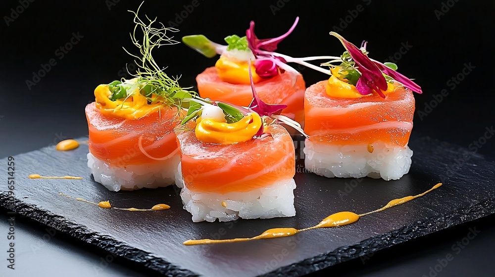 Minimalist Japanese Sushi Rolls Garnished with Delicate Touches on a Black Slate Plate Minimalist Japanese Sushi Rolls Garnished with Delicate Touches on a Black Slate Plate