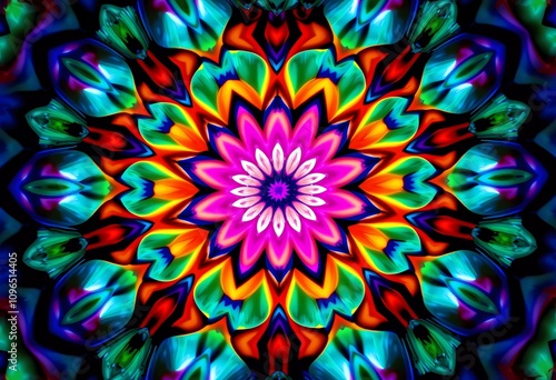 A bright and intricate kaleidoscope pattern featuring a symmetrical design with vibrant colors like pink, blue, orange, and green, highlighting abstract art and creativity.