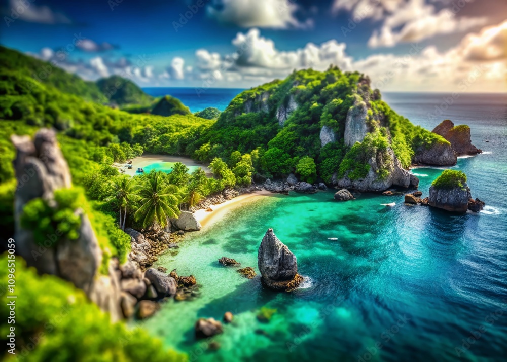 Aerial Tilt-Shift View of a Tropical Rocky Coastline with Lush Greenery and Crystal Clear Waters, Showcasing Natural Beauty and Serenity of Coastal Landscapes Aerial Tilt-Shift View of a Tropical Rocky Coastline with Lush Greenery and Crystal Clear Waters, Showcasing Natural Beauty and Serenity of Coastal Landscapes
