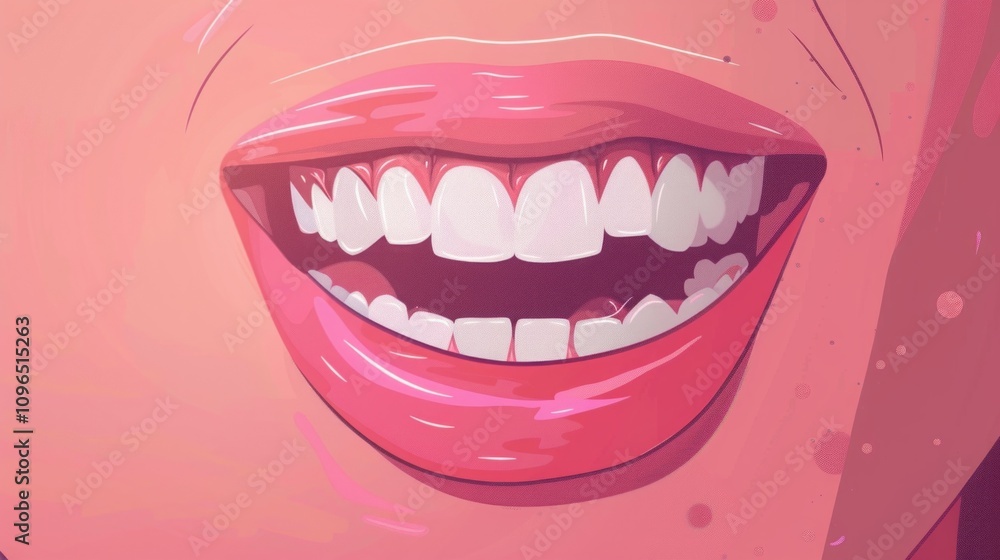 Fototapeta premium Close-up of a smiling mouth with shiny lips and white teeth. Digital illustration in vibrant cartoon style. Oral hygiene and dental care concept. Generative AI
