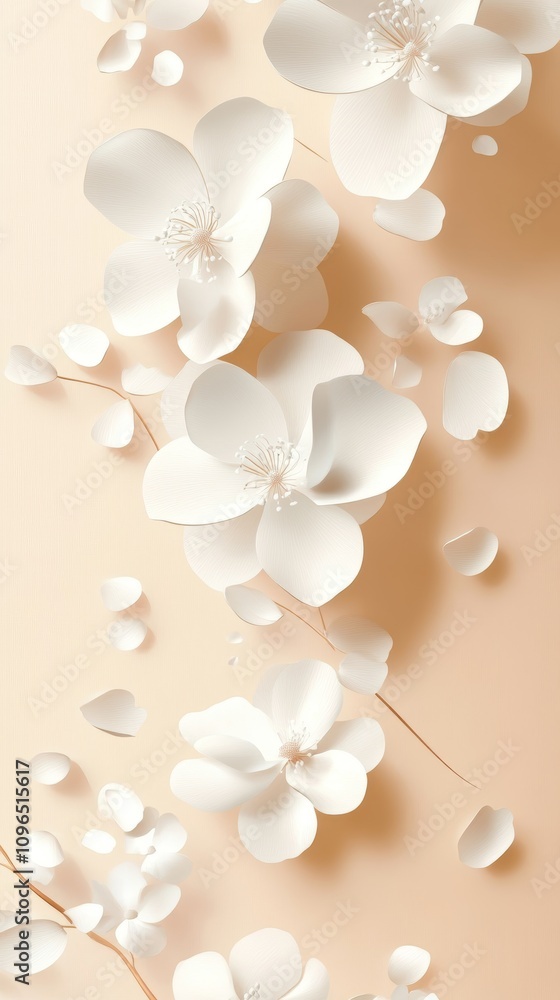Fototapeta premium minimalist illustration of white flowers and petals on a beige background